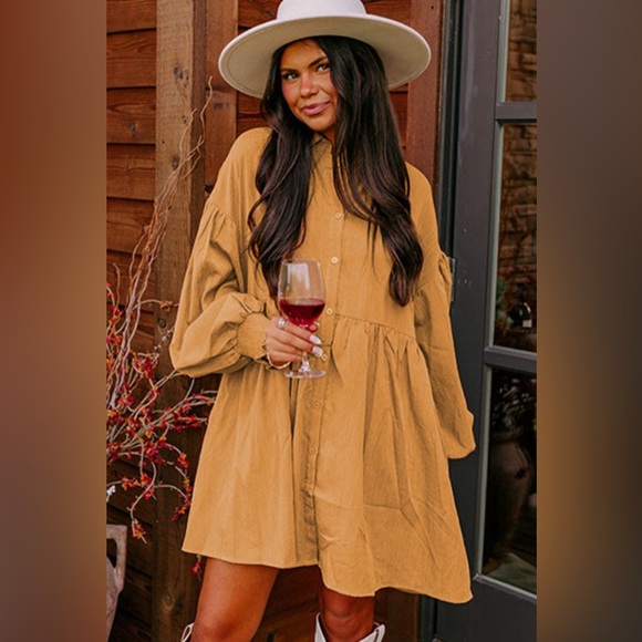Scottie- French beige rose loose bishop sleeve shirt dress - Picture 2 of 5